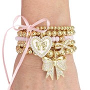 love lisa jackie pearl heart bow charm bracelet stack on wrist beaded bracelets with gold bow charm and heart charm