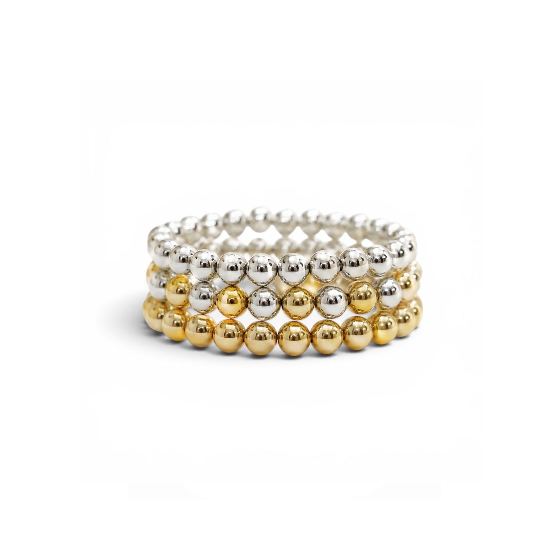 Love Lisa Jaime Trifecta Stretch Ring Set with three polished 3mm bead rings in gold silver and mixed metal finishes