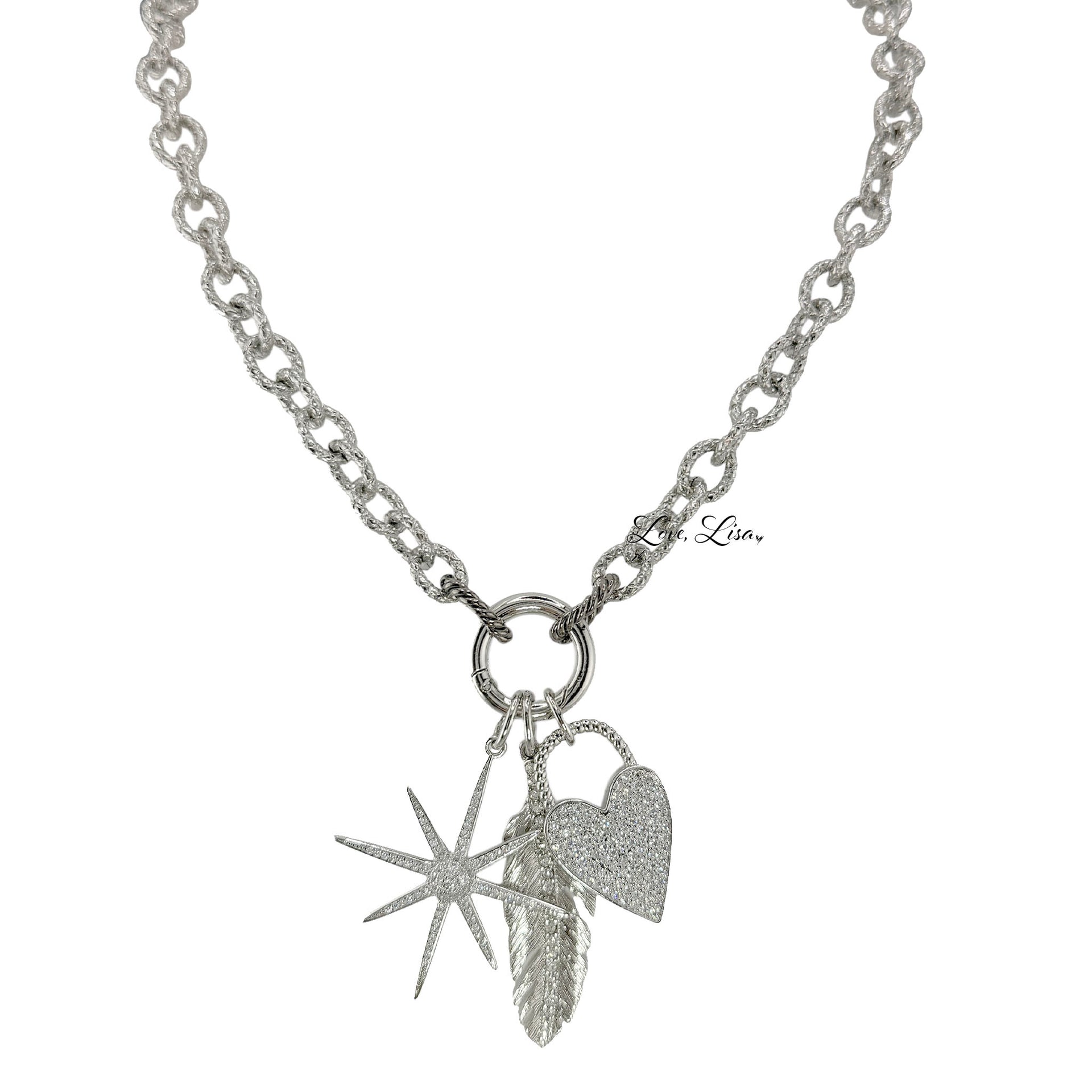 Jasmine North Star heart feather charm necklace silver chain celestial heart feather charms