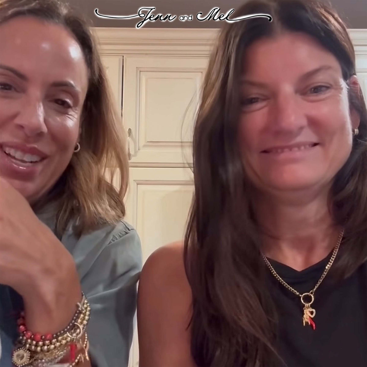 Jenn and Mel from Teacher Lunch wearing Love Lisa Jewelry, featuring the Italian Horn, Mano Cornuto and crystal heart protection necklace.