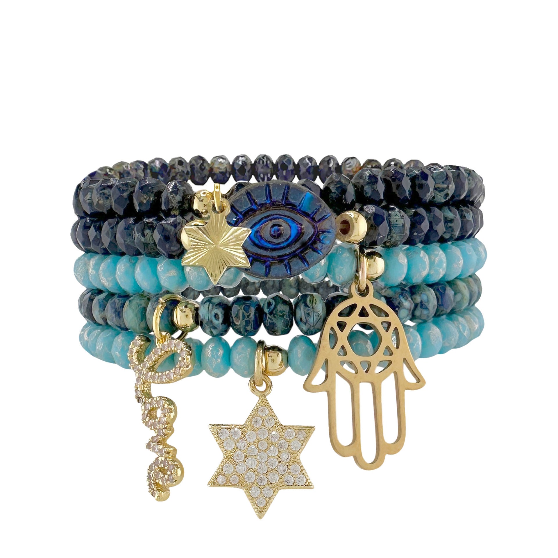 jewish blessings bracelet stack in blue with gold evil eye - hamsa - star of david charms by love lisa