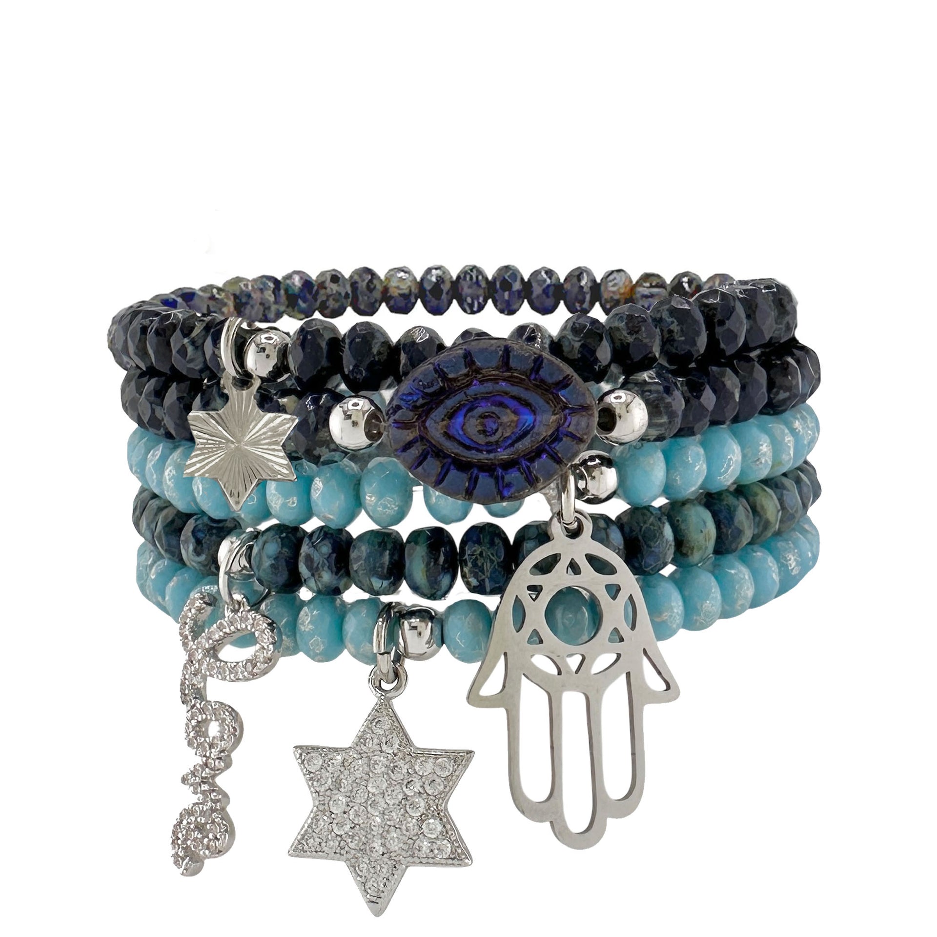 Jewish charm bracelet stack with Star of David - Evil Eye - Hamsa Hand - and Love script from Love Lisa Jewelry