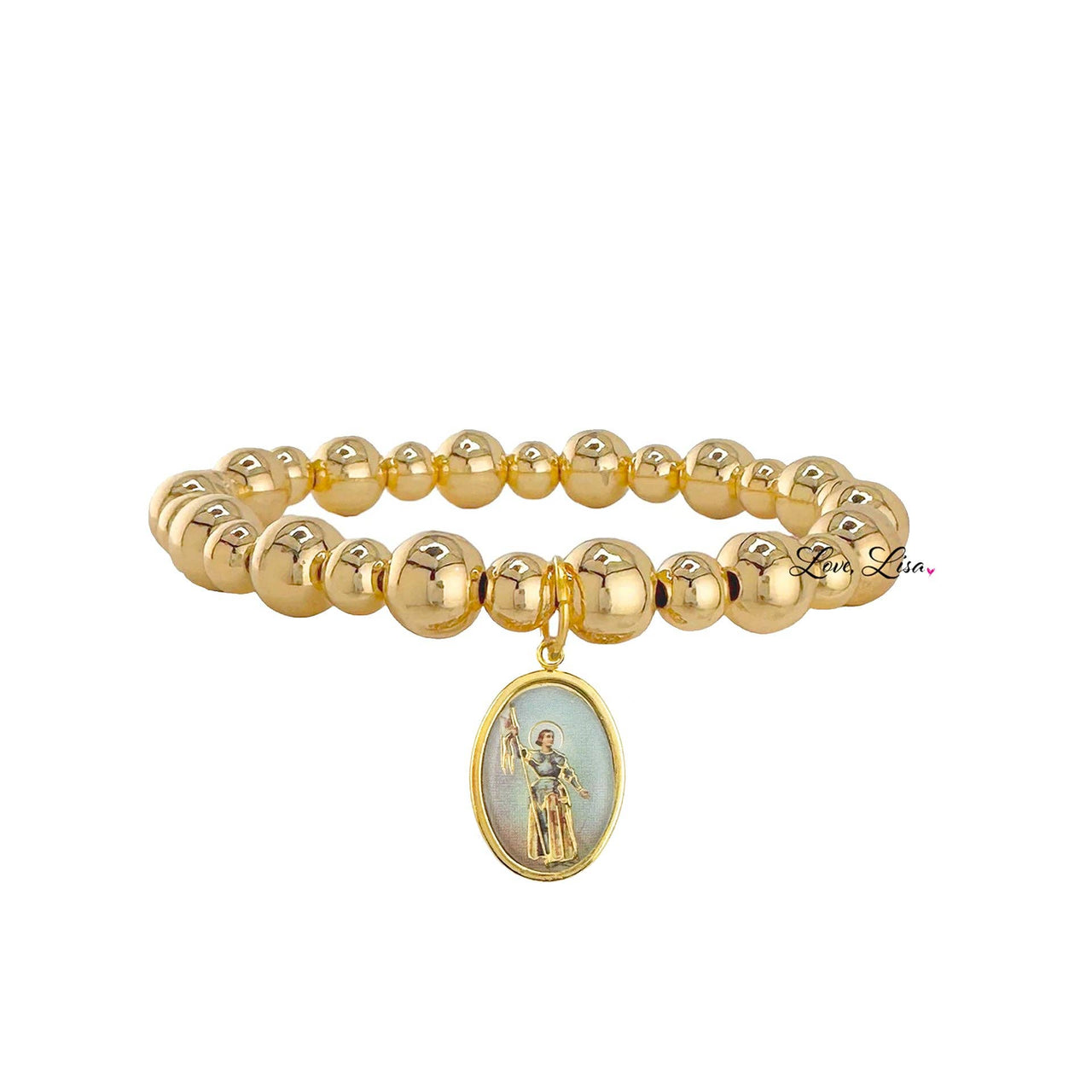 love lisa joan of arc courage bracelet gold beaded bracelet with joan of arc medal inspirational spiritual jewelry