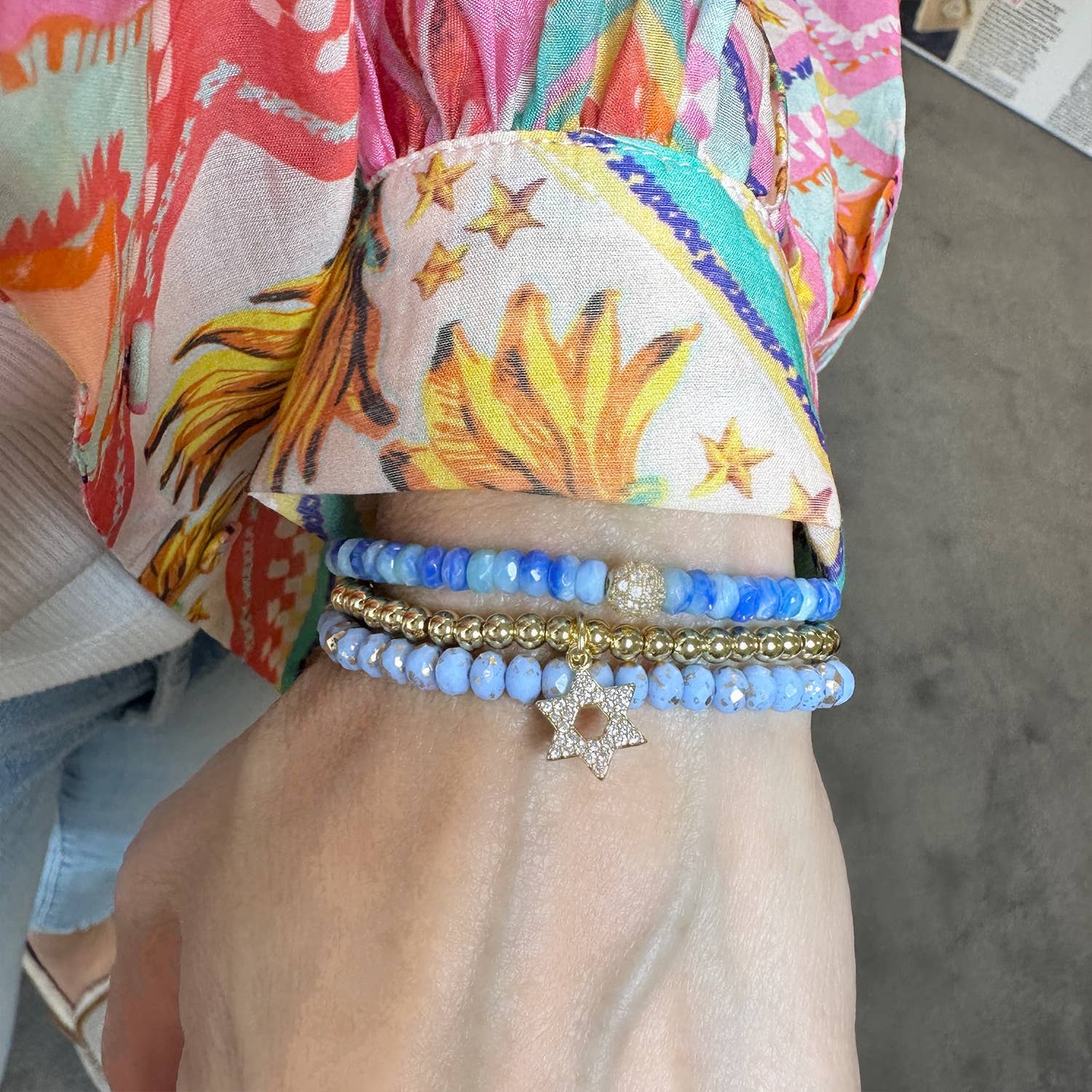 julie star of david bracelet blue and gold beaded bracelet with crystal accents