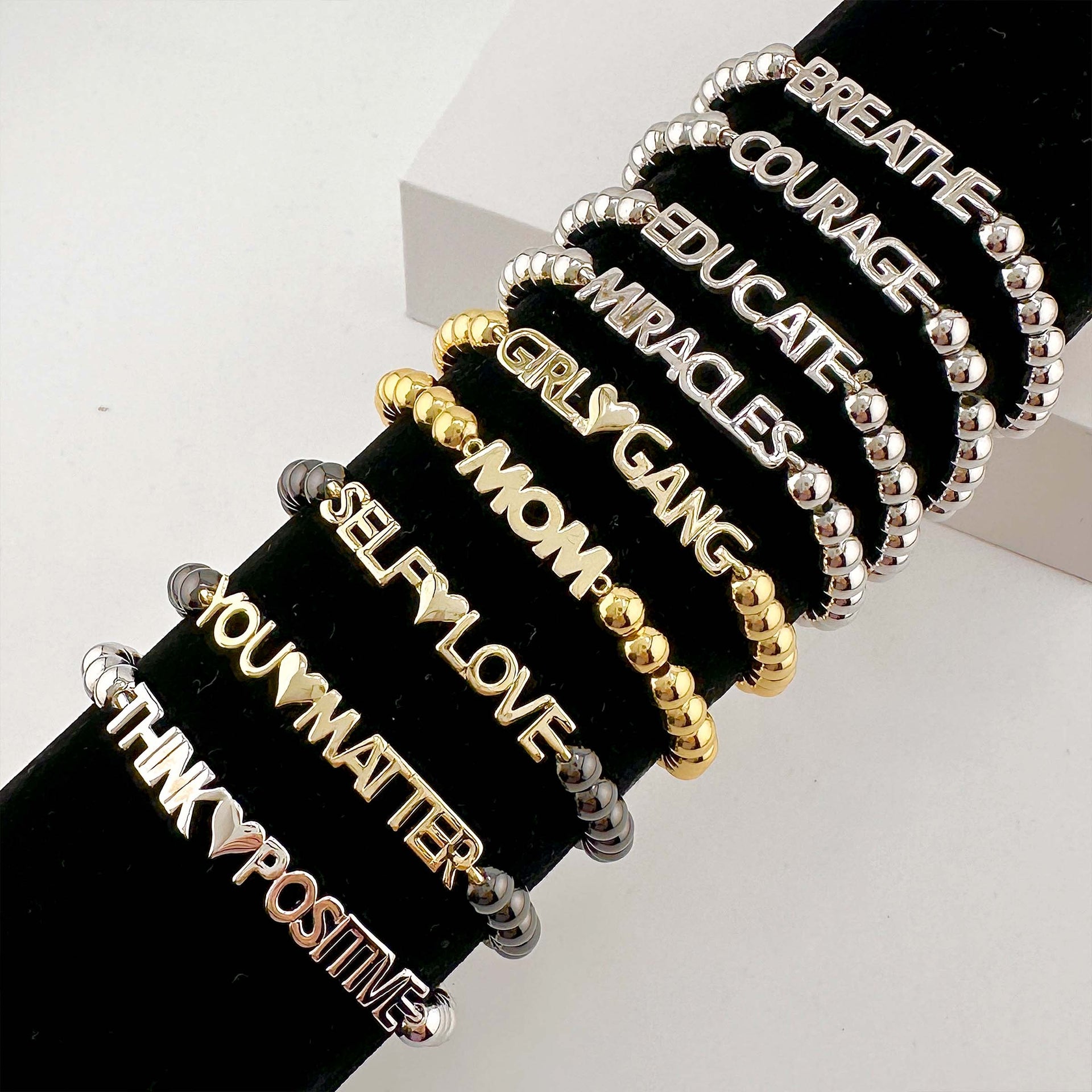 love lisa karens powerful reminder bracelet stack gold and silver beaded bracelets with inspirational word charms