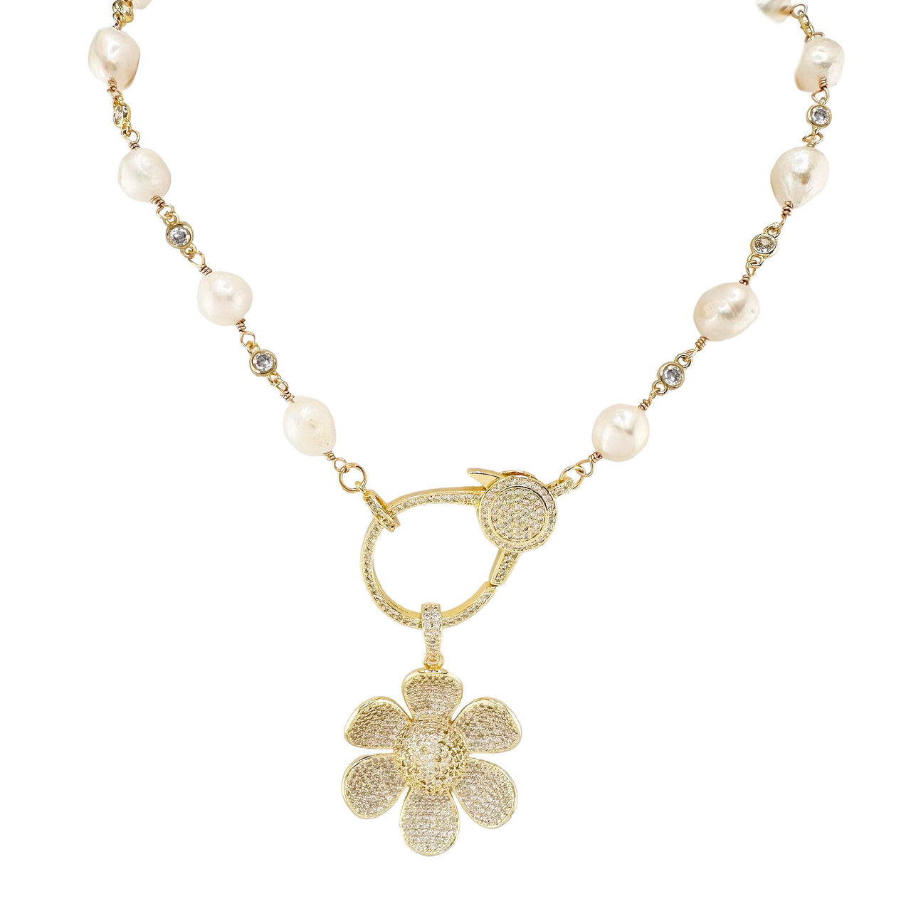 Love Lisa Katie Pearl Clasp Necklace with Flower Charm in gold