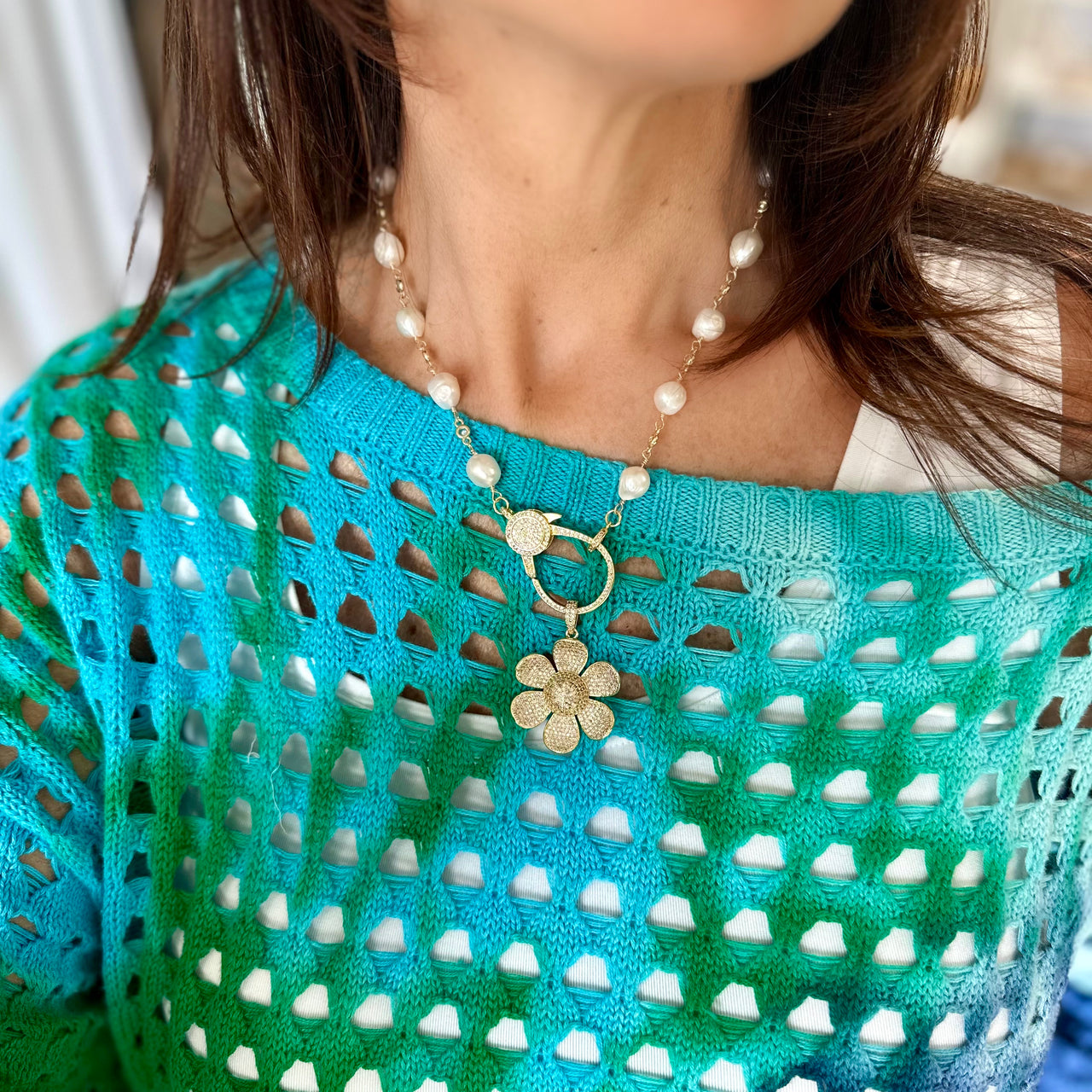 Love Lisa Katie Pearl Clasp Necklace with Flower Charm styled on model