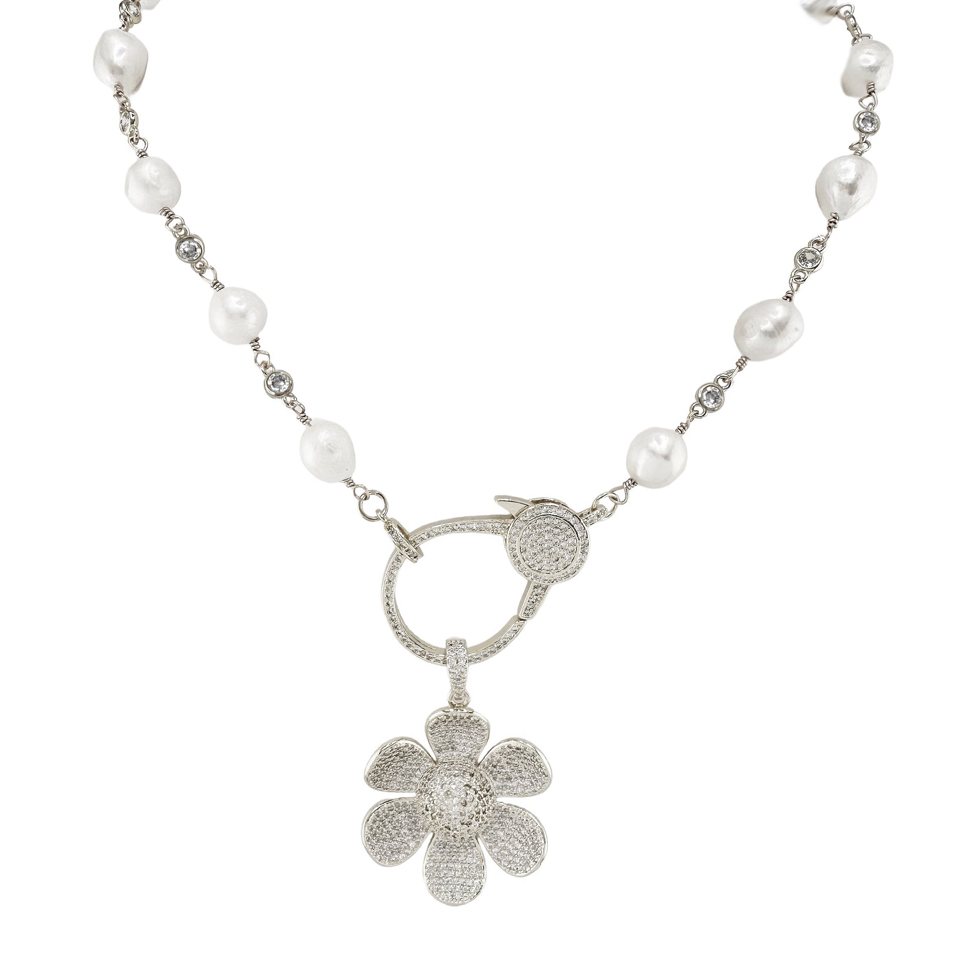Love Lisa Katie Pearl Clasp Necklace with Flower Charm in silver