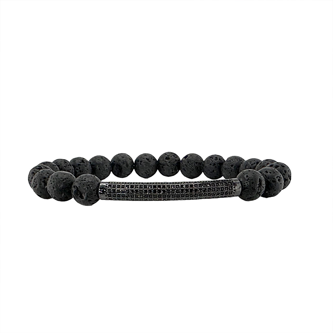 A black bracelet featuring a series of round black lava rock beads, with a sleek black diamond bar design, on a white background.