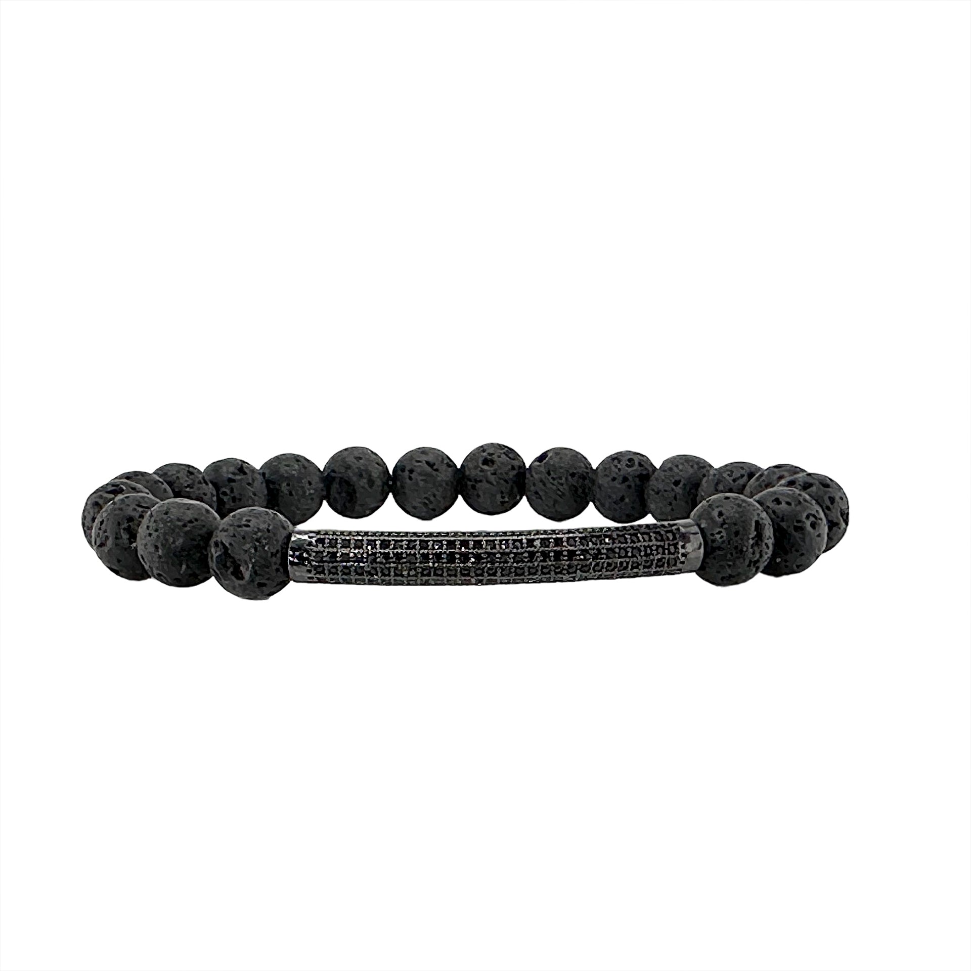 A black bracelet featuring a series of round black lava rock beads, with a sleek black diamond bar design, on a white background.