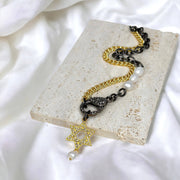 kimberly precious pearl star of david necklace gift display necklace with pearl star pendant styled on beaded pouch
