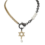love lisa kimberly precious pearl star of david necklace mixed gunmetal and gold chain with pearl star pendant and three pearls