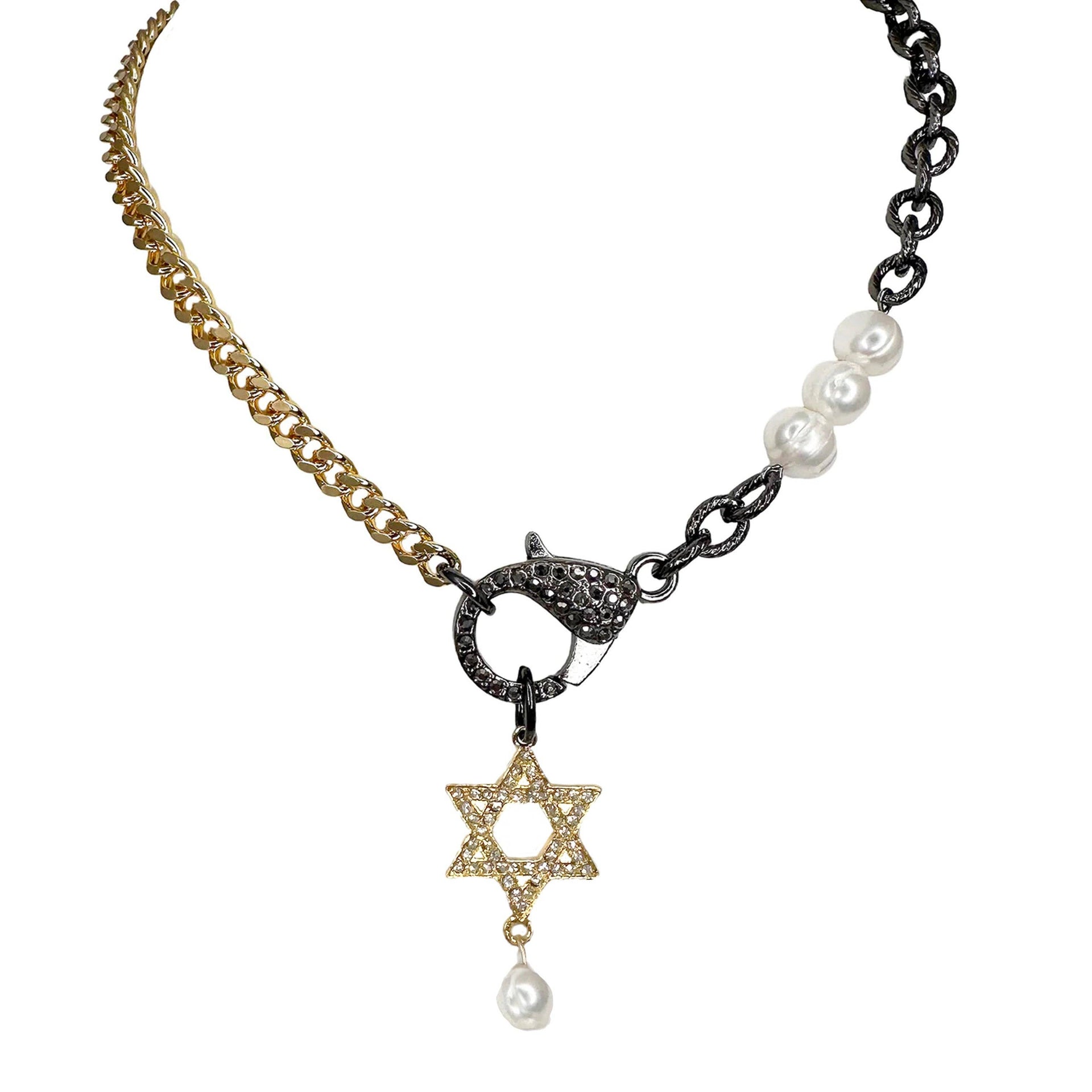 love lisa kimberly precious pearl star of david necklace mixed gunmetal and gold chain with pearl star pendant and three pearls