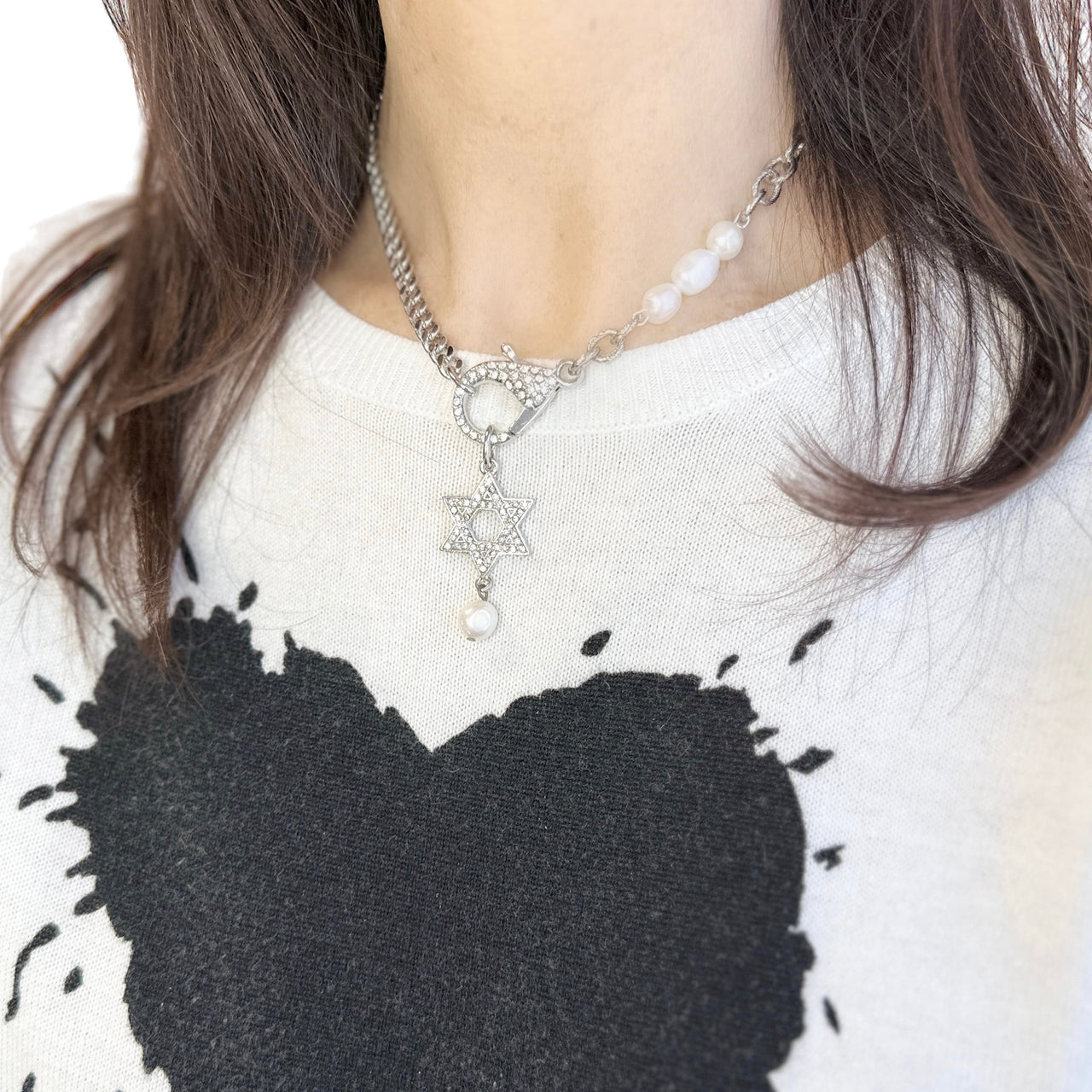 love lisa kimberly precious pearl star of david necklace on model mixed chain with pearl star pendant and pearls