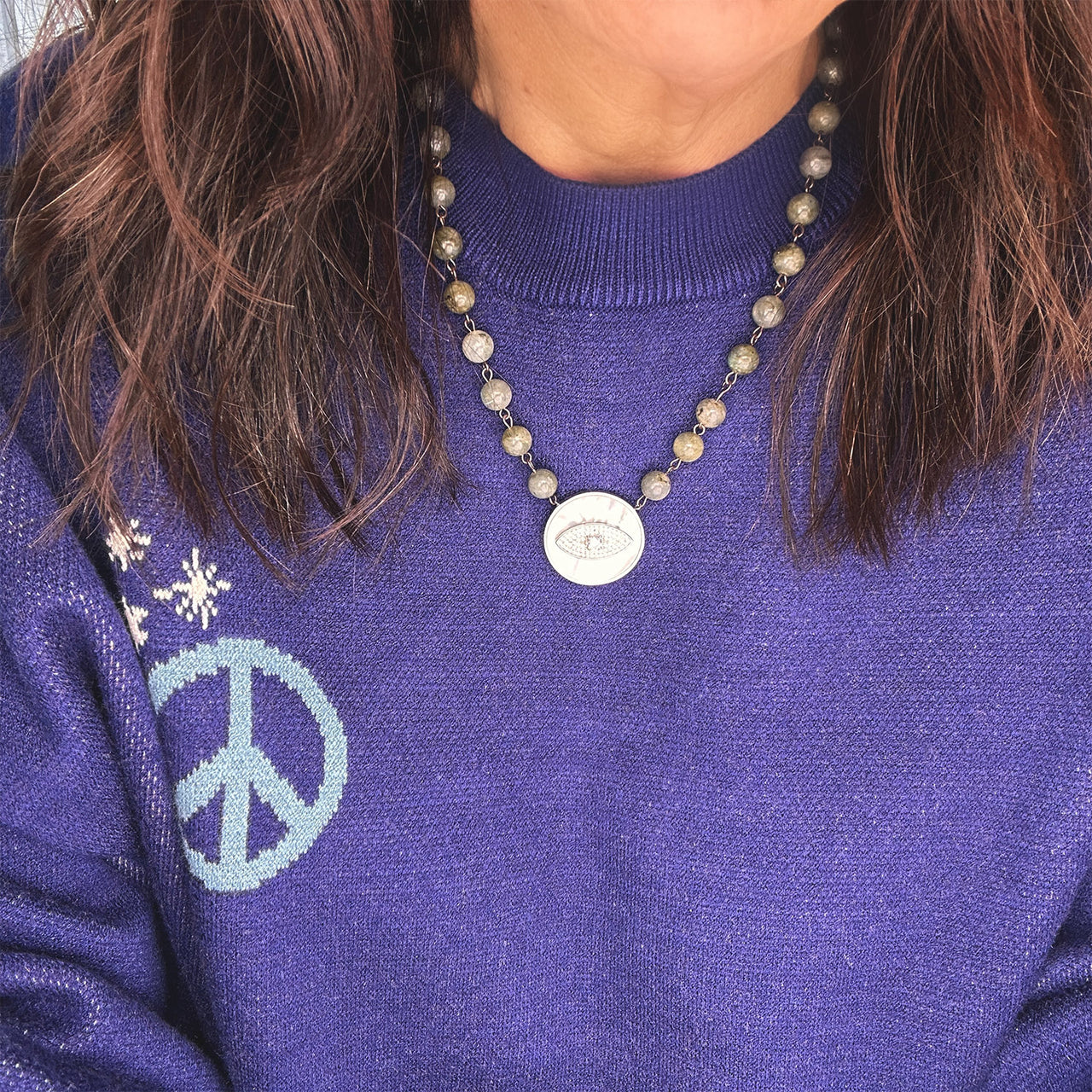 Labradorite Evil Eye Mother of Pearl Necklace One of a Kind