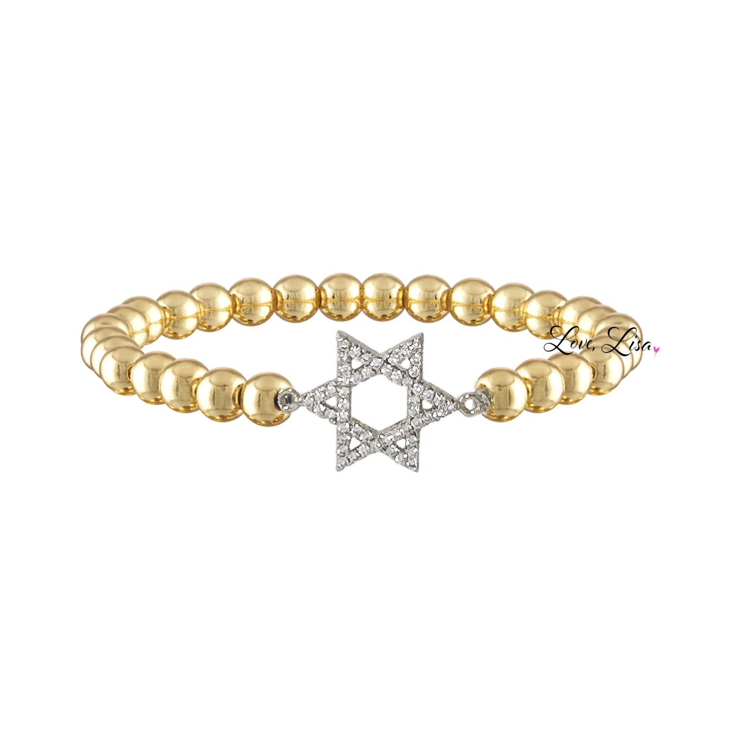 Gold 6mm beaded stretch star of david bracelet