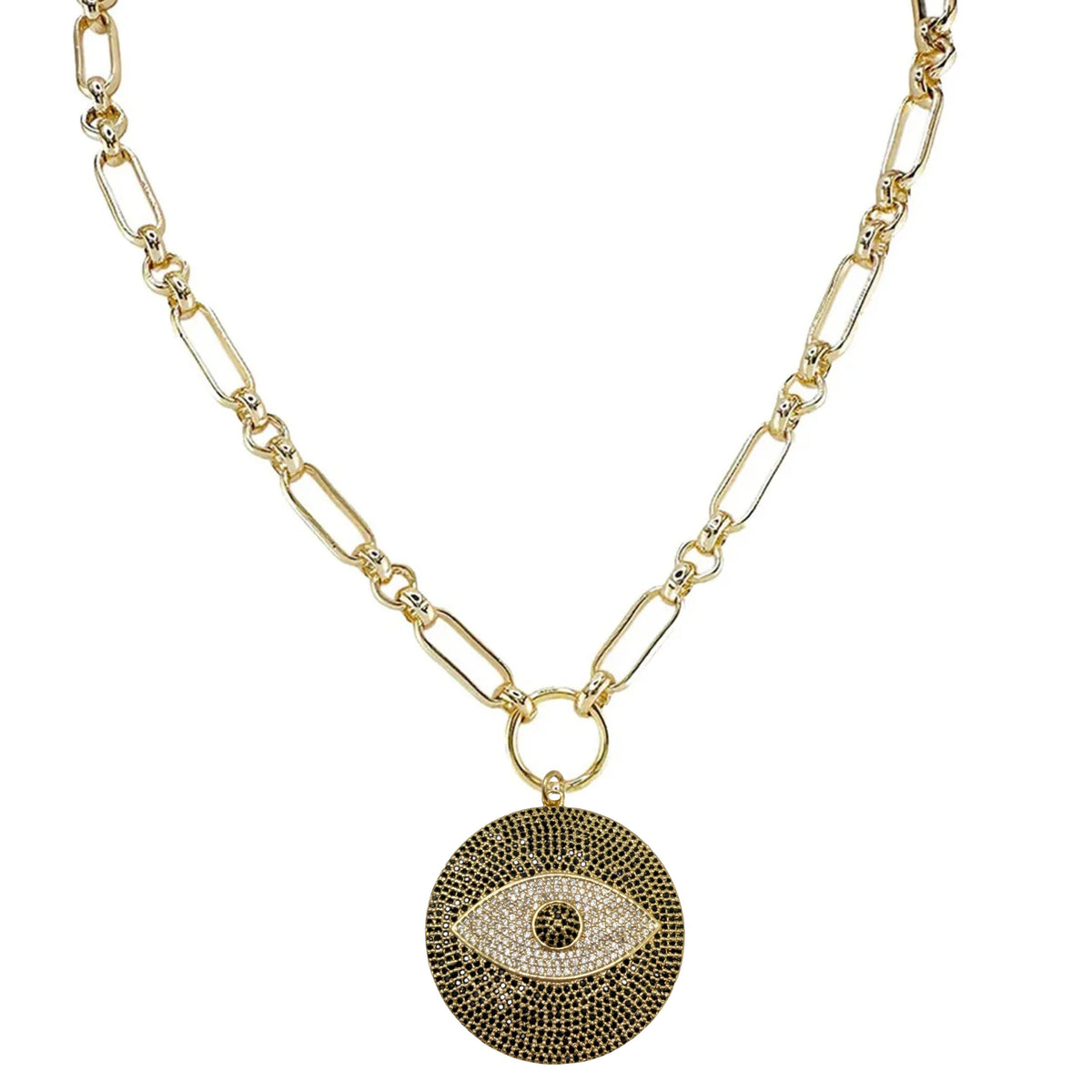 Return to Sender Evil Eye Protection Necklace in Gold with statement link chain and oversized gold-tone crystal evil eye medallion