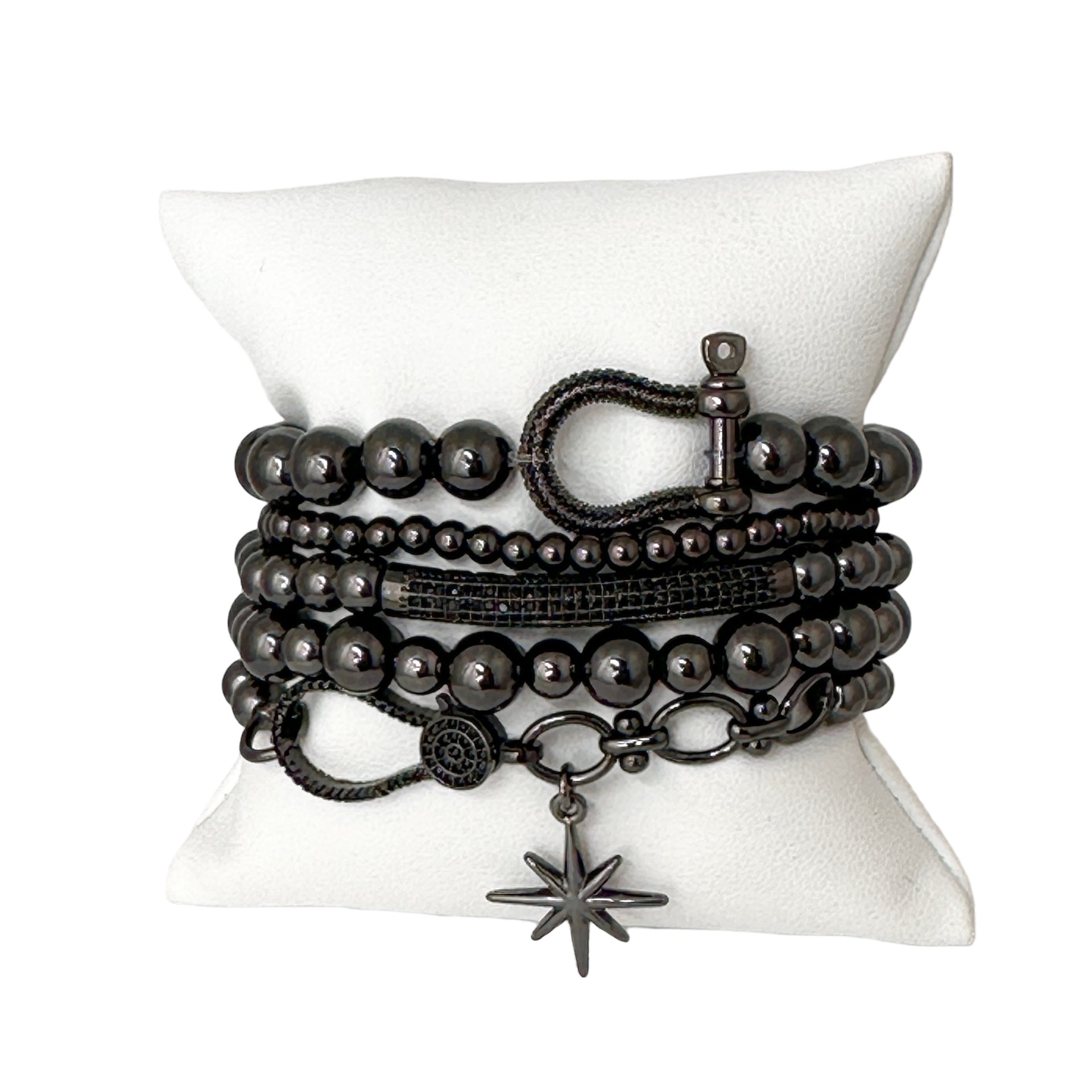 larissa sexy link stretch star bracelet gunmetal stack of link and beaded bracelets with crystal star charm