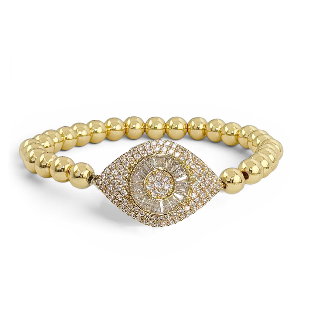 love lisa laurel luxe evil eye bracelet gold beaded stretch bracelet with pave evil eye charm