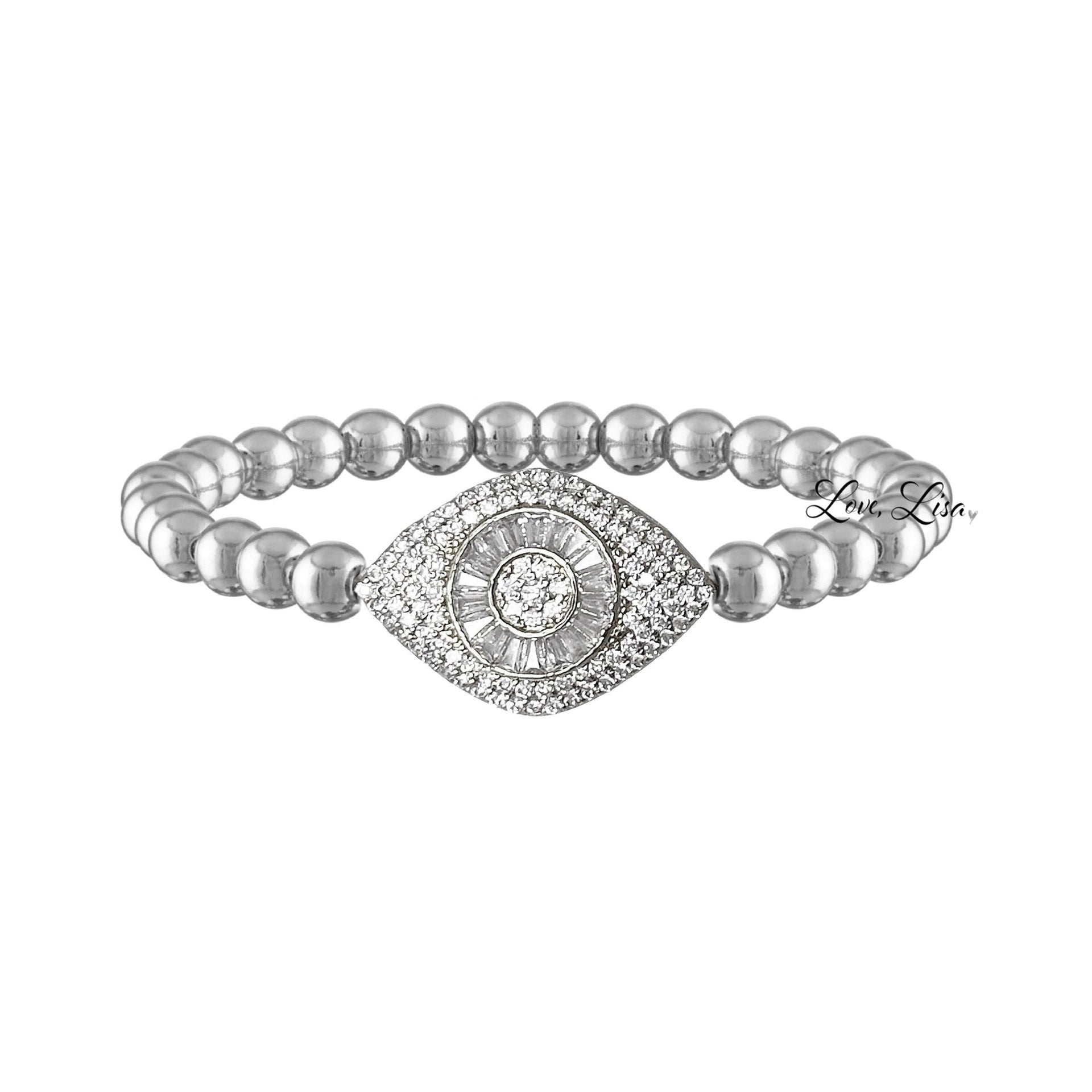 laurel luxe evil eye bracelet silver beaded stretch bracelet with pave evil eye charm