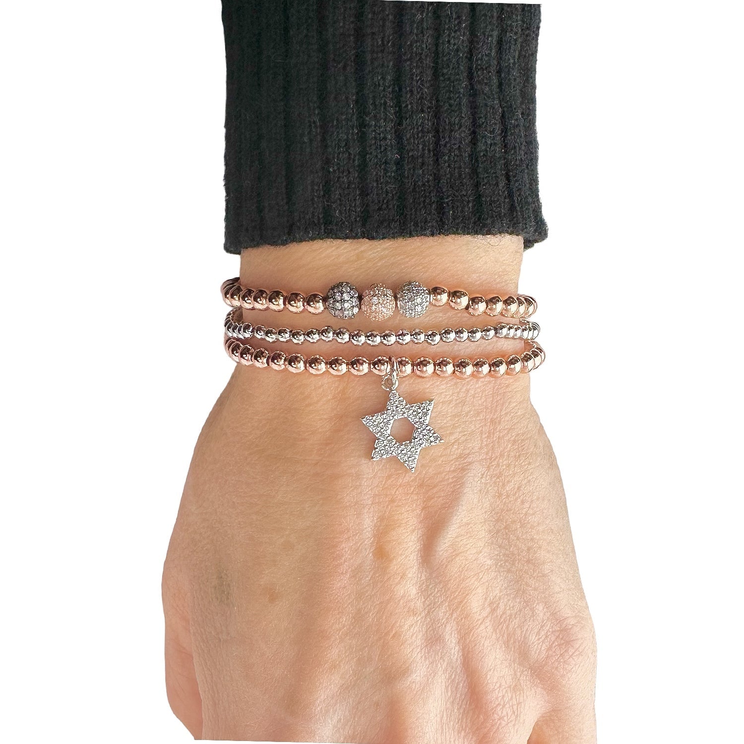 love lisa laurie star of david bracelet on wrist stacked beaded bracelets with star of david charm