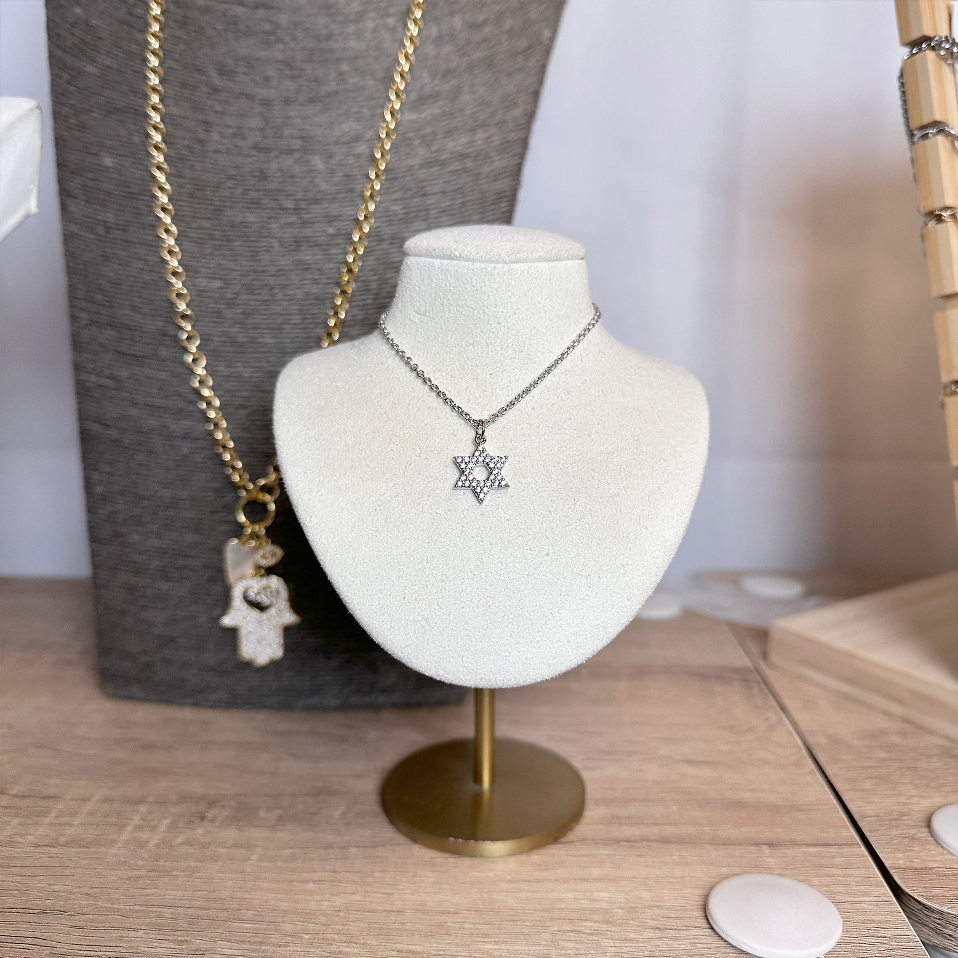 laurie star of david cz necklace on display bust layered dainty star of david necklaces
