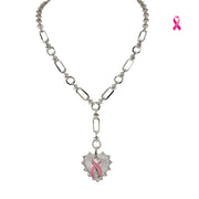 Love Lisa Layla Breast Cancer Awareness Pink Ribbon Necklace in silver with Y-link chain, spiked heart pendant, pink enamel ribbon charm, and magnetic clasp