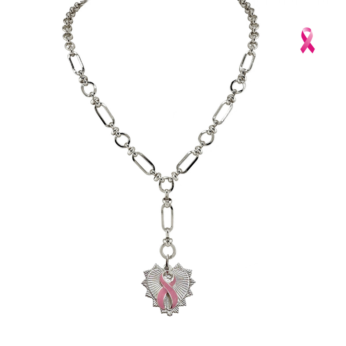 Love Lisa Layla Breast Cancer Awareness Pink Ribbon Necklace in silver with Y-link chain, spiked heart pendant, pink enamel ribbon charm, and magnetic clasp