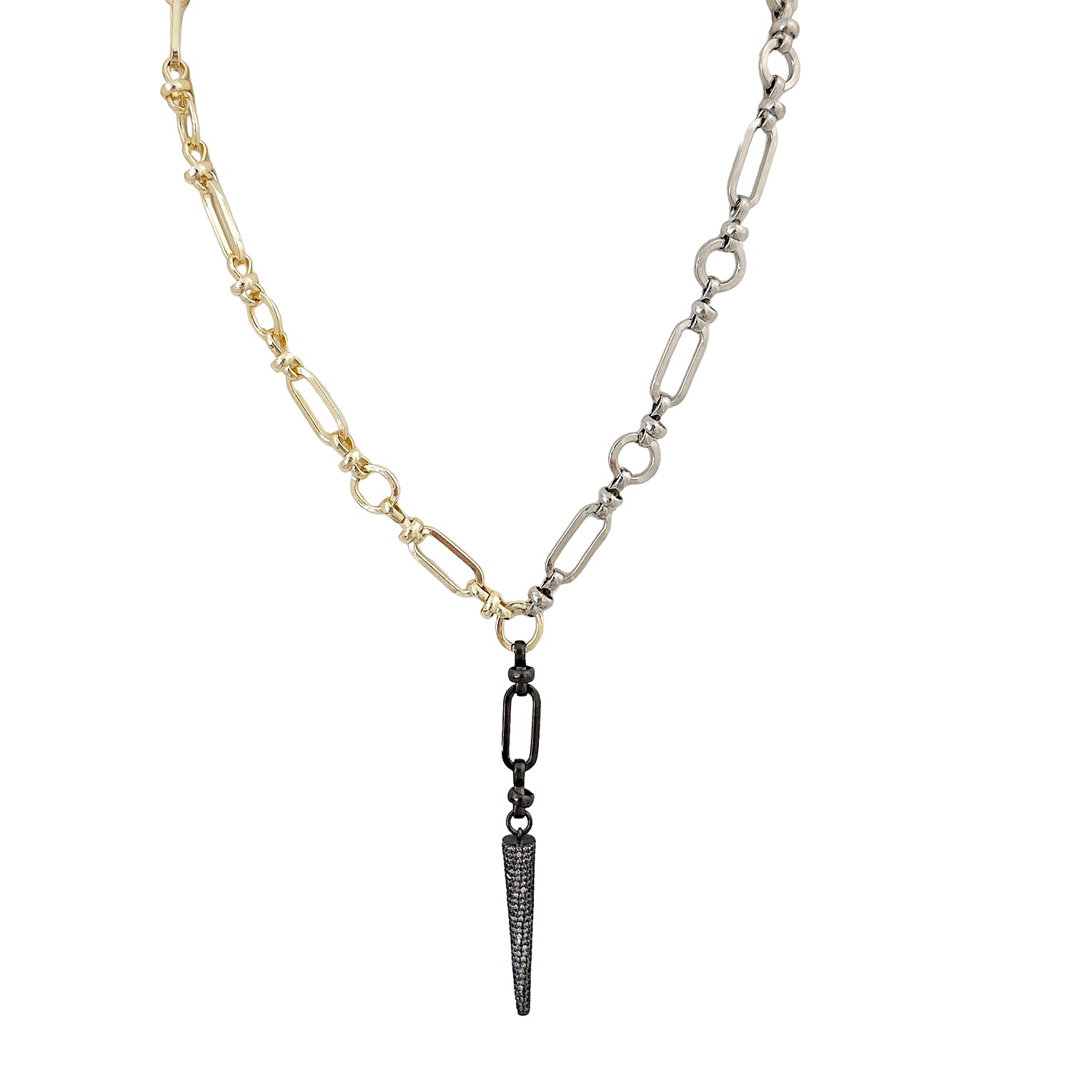 love lisa layla y link necklace tri color mixed metal chain with pave dagger pendant



