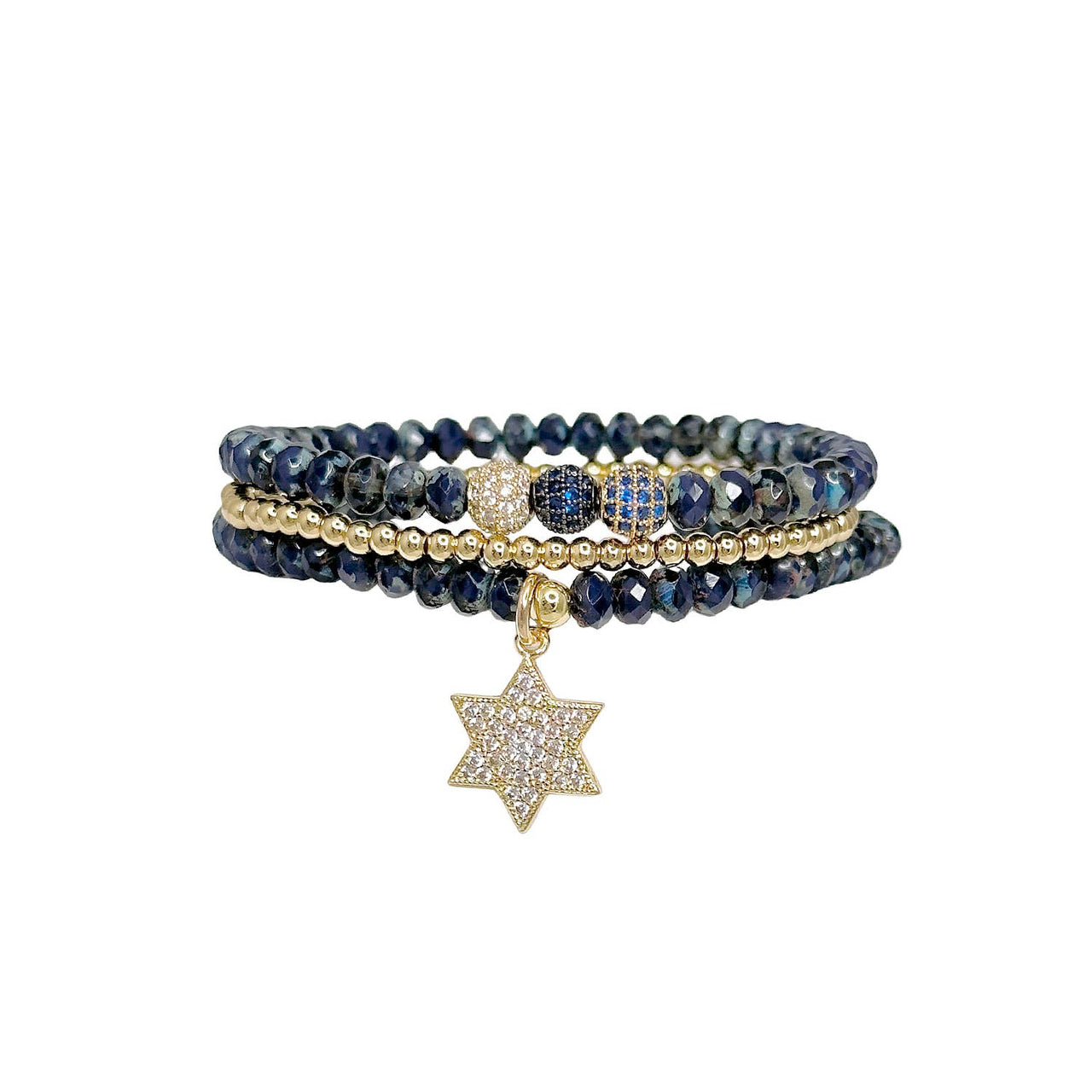 love lisa leah navy star of david stack of beaded bracelets navy and gold 6mm beads with pave star of david charm
