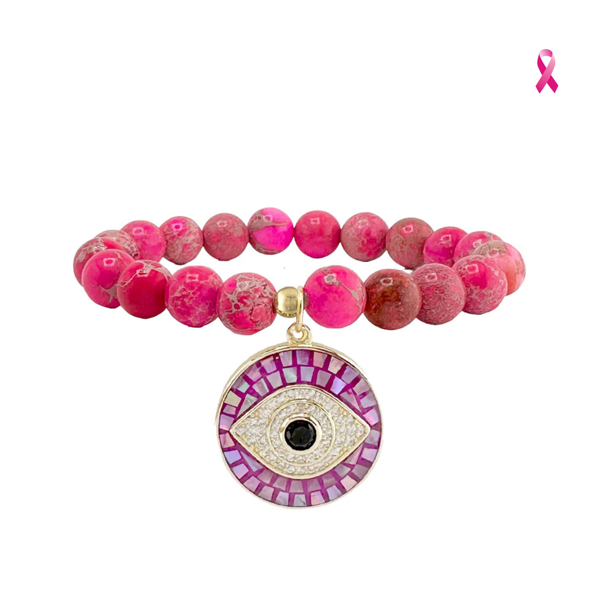 Love Lisa Lena Breast Cancer Awareness Evil Eye Bracelet with bright pink Sea Sediment Jasper beads, large round evil eye charm, pink crystal detailing, and gold-tone setting