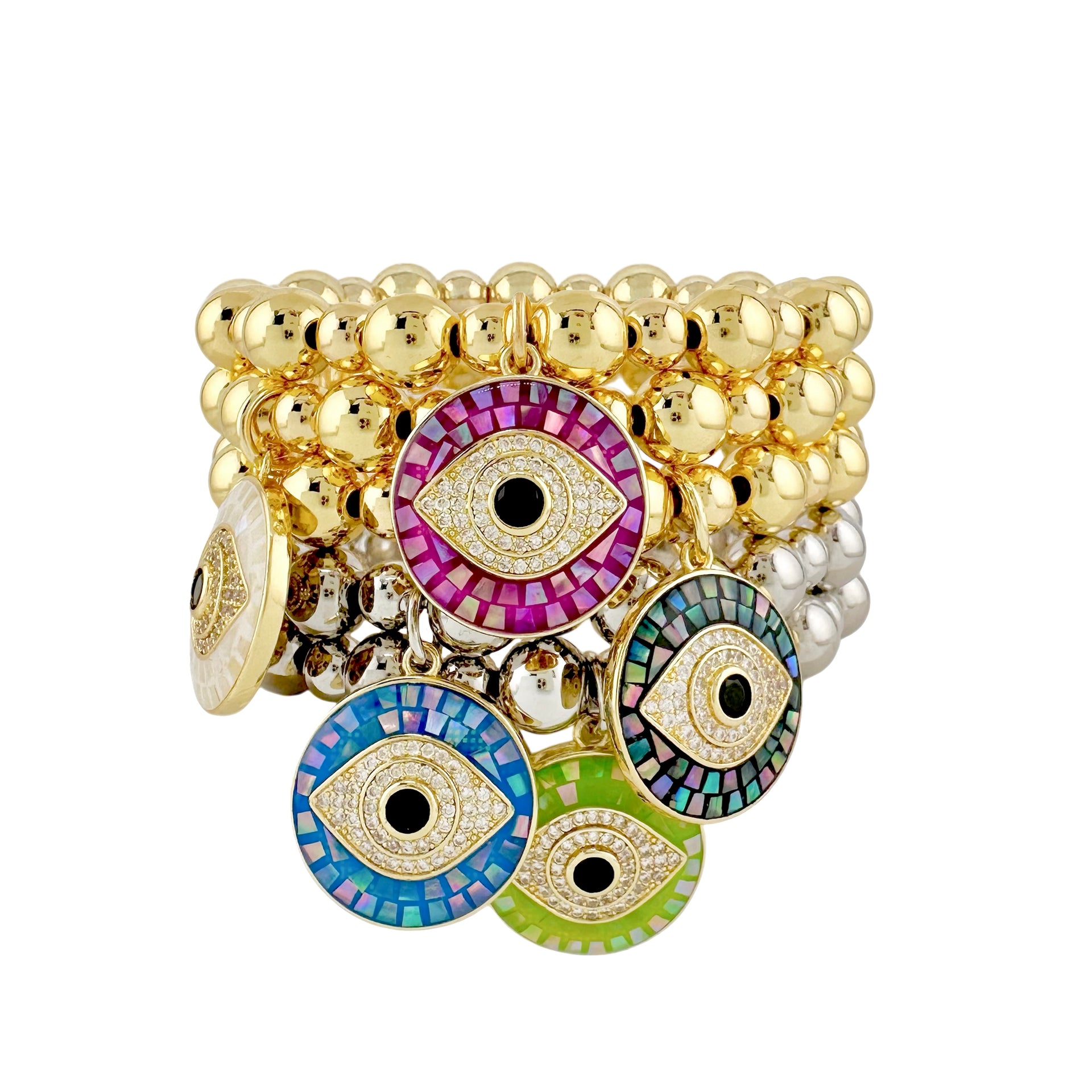 lena mosaic evil eye charm bracelet color stack gold beaded bracelets with deep pink ivory royal turquoise and light blue evil eye charms
