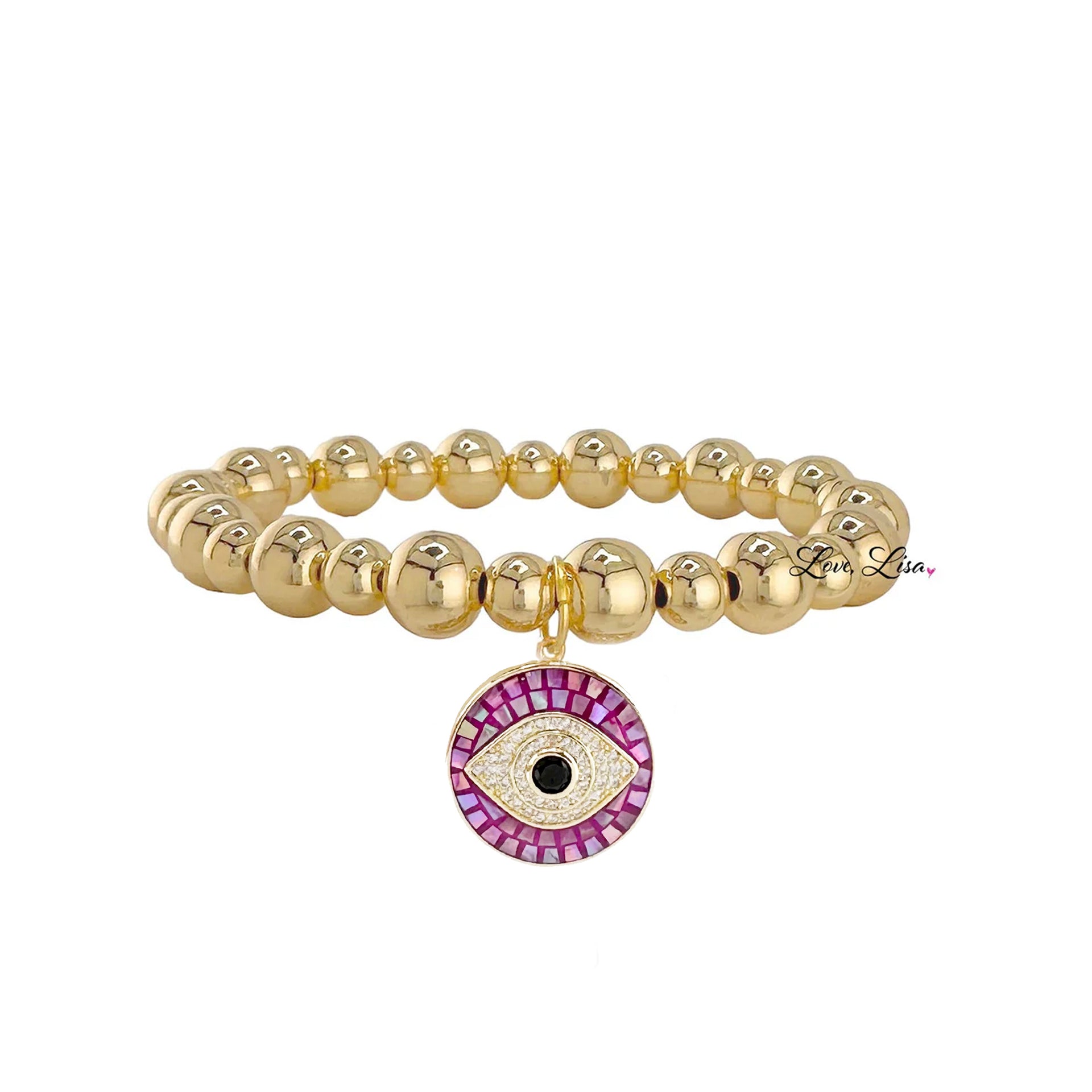 love lisa lena mosaic evil eye charm bracelet gold 8mm 6mm beads with deep pink mosaic evil eye charm