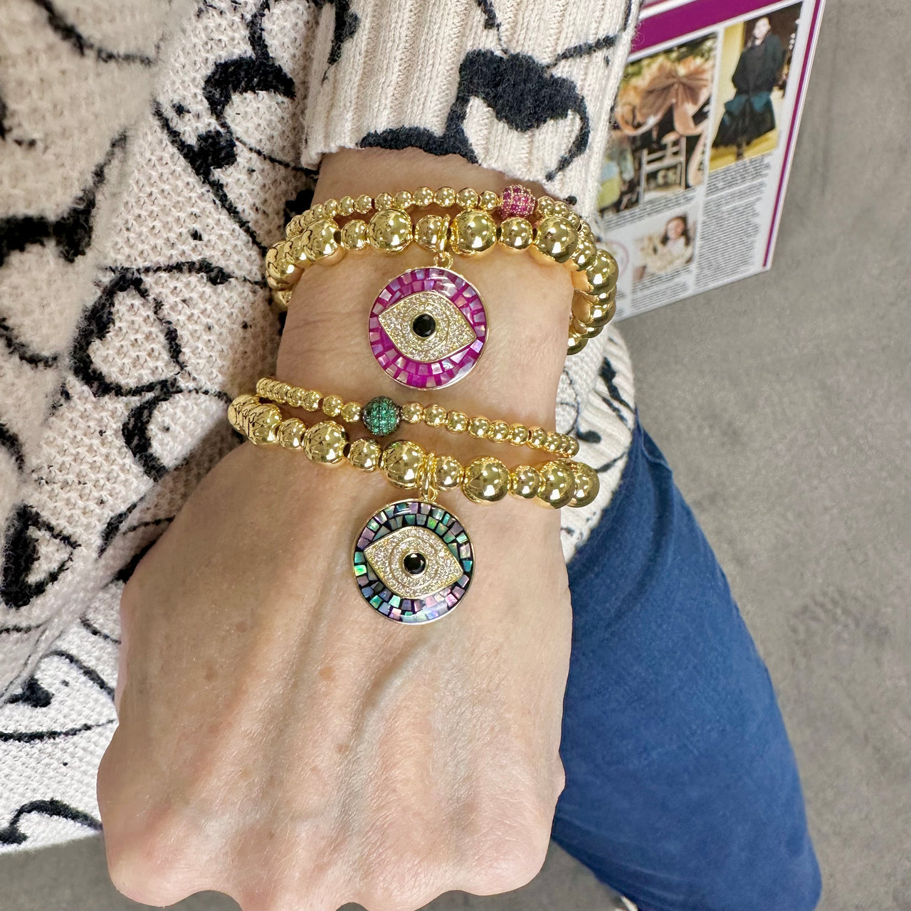 love lisa lena mosaic evil eye charm bracelet stack on wrist gold beaded evil eye bracelets in assorted colors