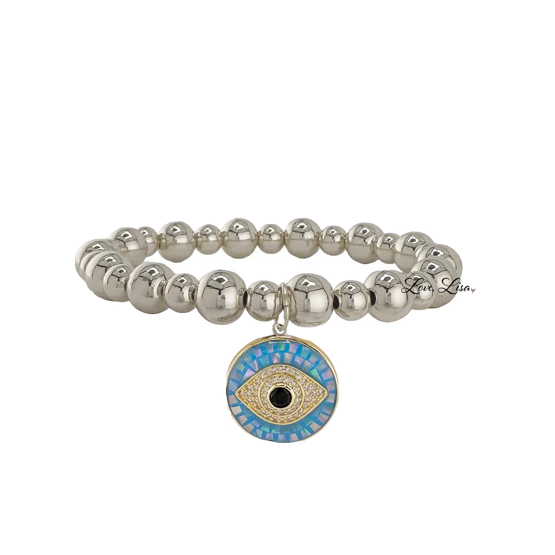 lena mosaic evil eye charm bracelet gold beads with light blue mosaic evil eye charm