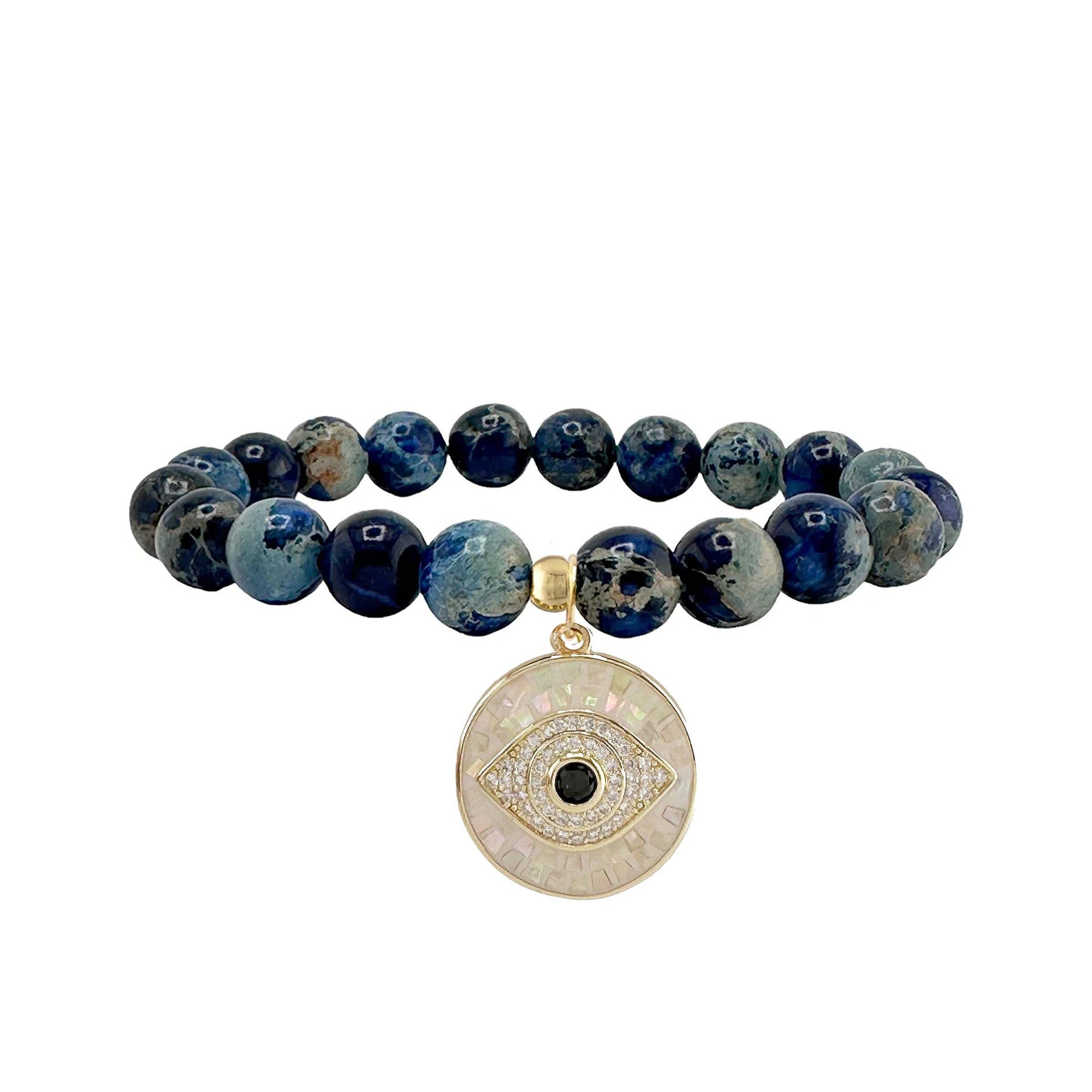 lena sea sediment jasper evil eye bracelet blue marbled gemstone beads with mosaic evil eye charm
