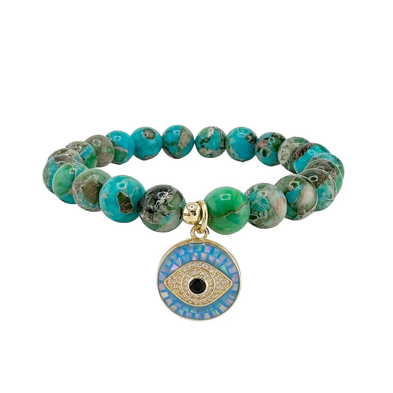 lena sea sediment jasper evil eye bracelet blue marbled gemstone beads with mosaic evil eye charm