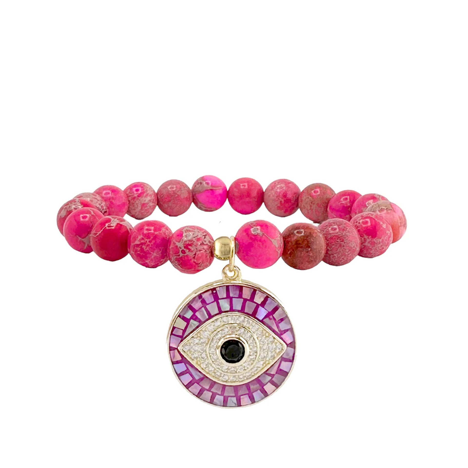 lena sea sediment jasper evil eye bracelet hot pink gemstone beads with mosaic evil eye charm