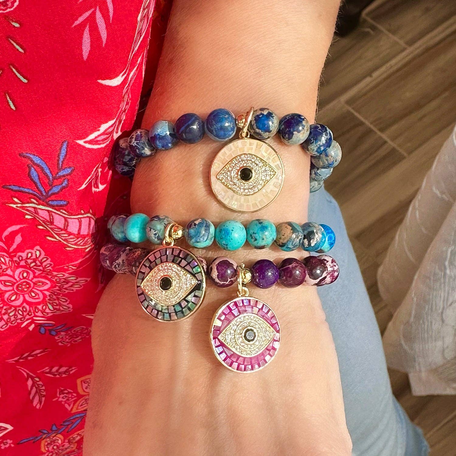 love lisa lena sea sediment jasper evil eye bracelet stack on wrist mixed color gemstone beads with mosaic evil eye charms