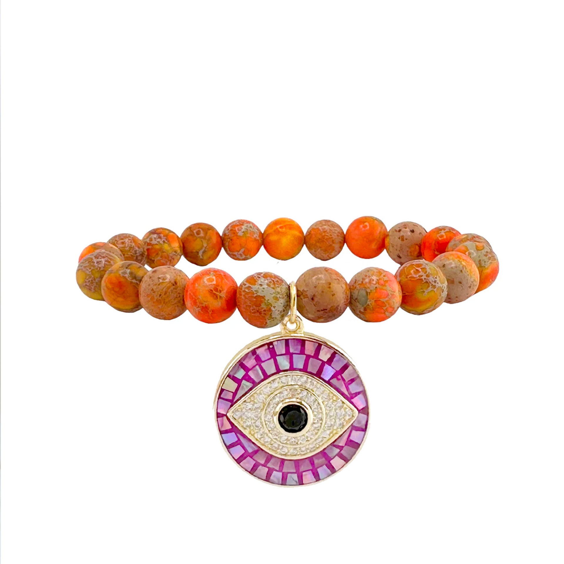 lena sea sediment jasper evil eye bracelet orange gemstone beads with mosaic evil eye charm