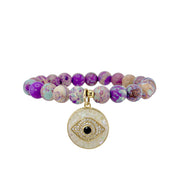 Lena Sea Sediment Jasper Evil Eye Bracelet in White with pale neutral gemstone beads and round mosaic evil eye pendant
