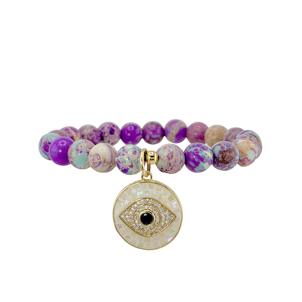 Lena Sea Sediment Jasper Evil Eye Bracelet in White with pale neutral gemstone beads and round mosaic evil eye pendant