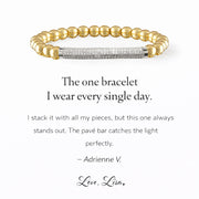 Lexi pavé bar bracelet gold with polished beads and crystal bar featured in customer review quote about everyday wear