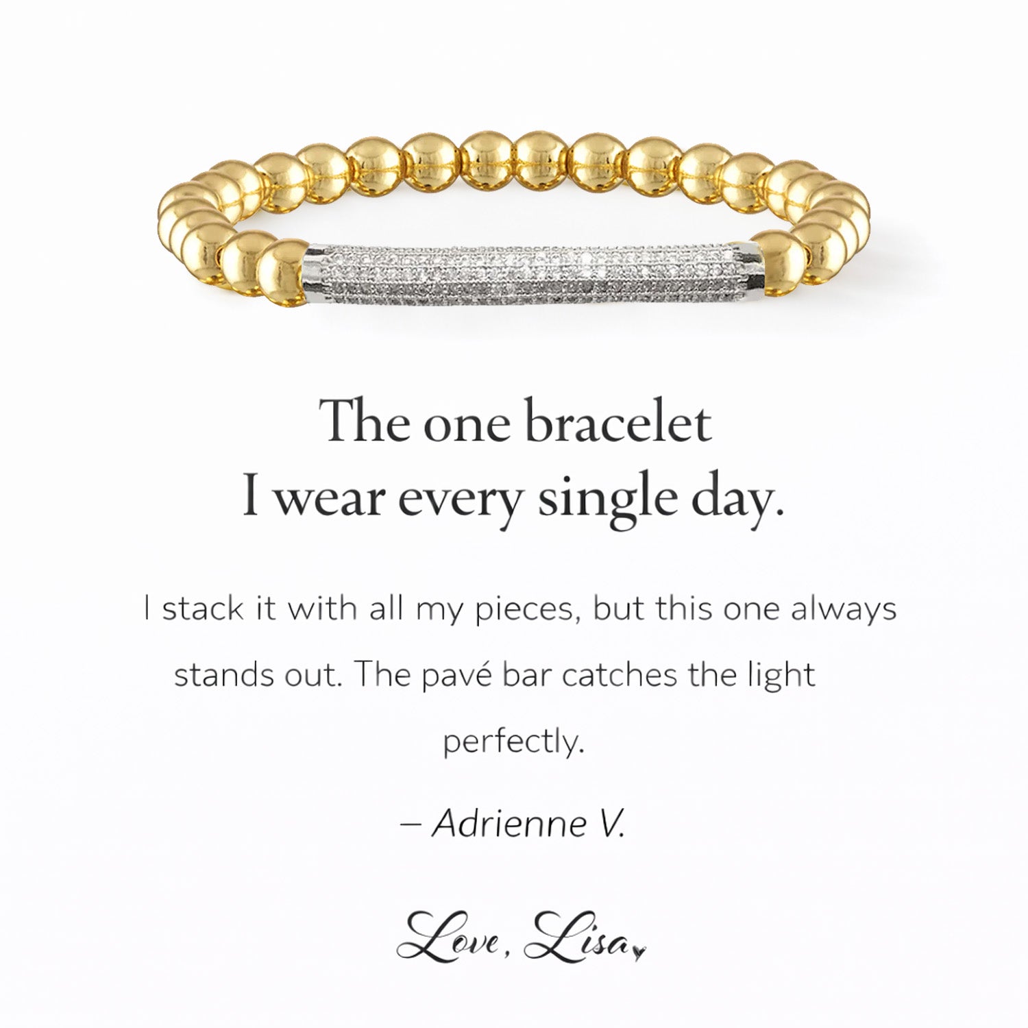 Lexi pavé bar bracelet gold with polished beads and crystal bar featured in customer review quote about everyday wear