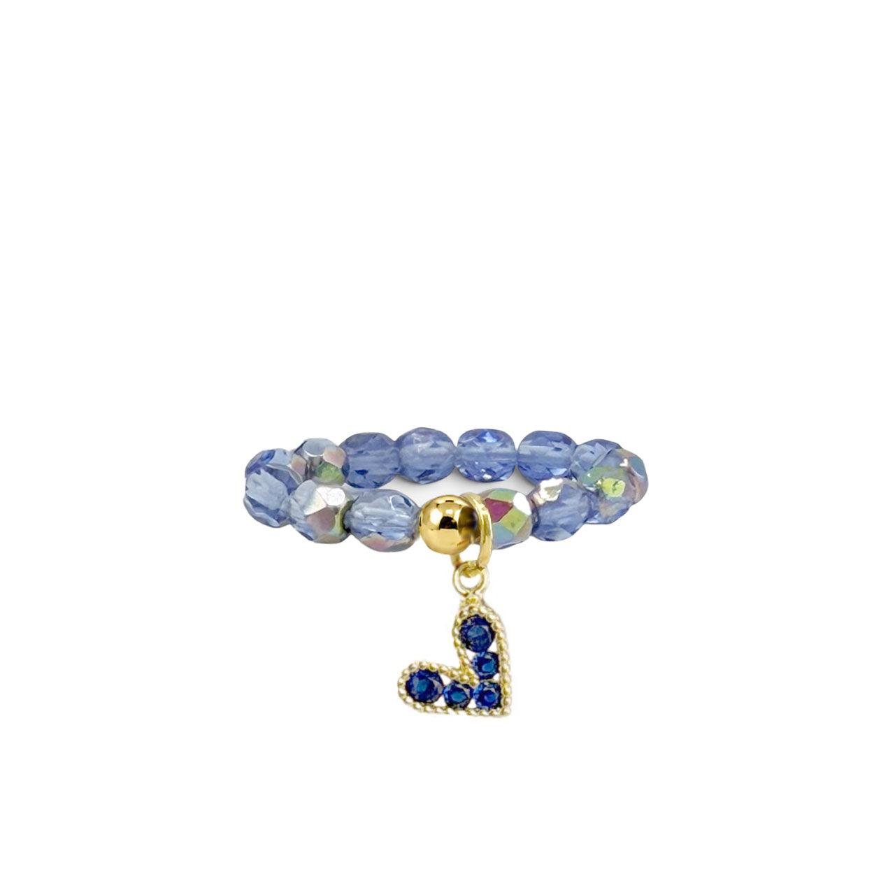 Lexi Slanted Heart Crystal Stretch Ring in blue with faceted crystal beads and pavé heart charm