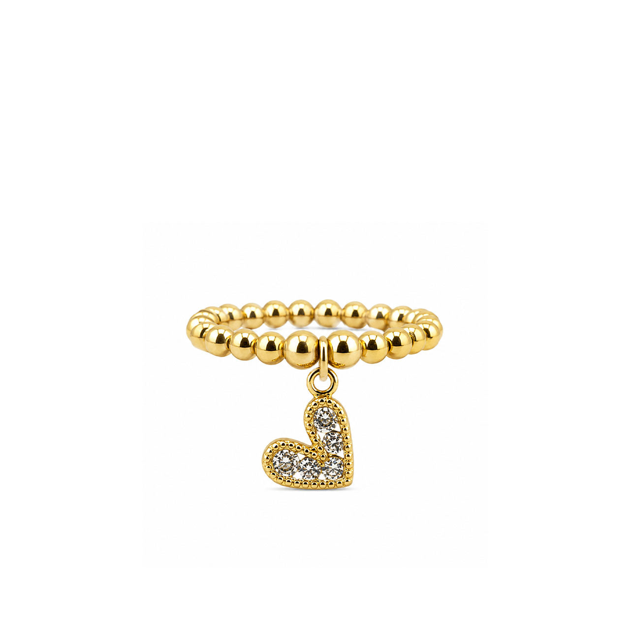 Lexi Slanted Heart Crystal Stretch Ring in gold with faceted crystal beads and pavé heart charm