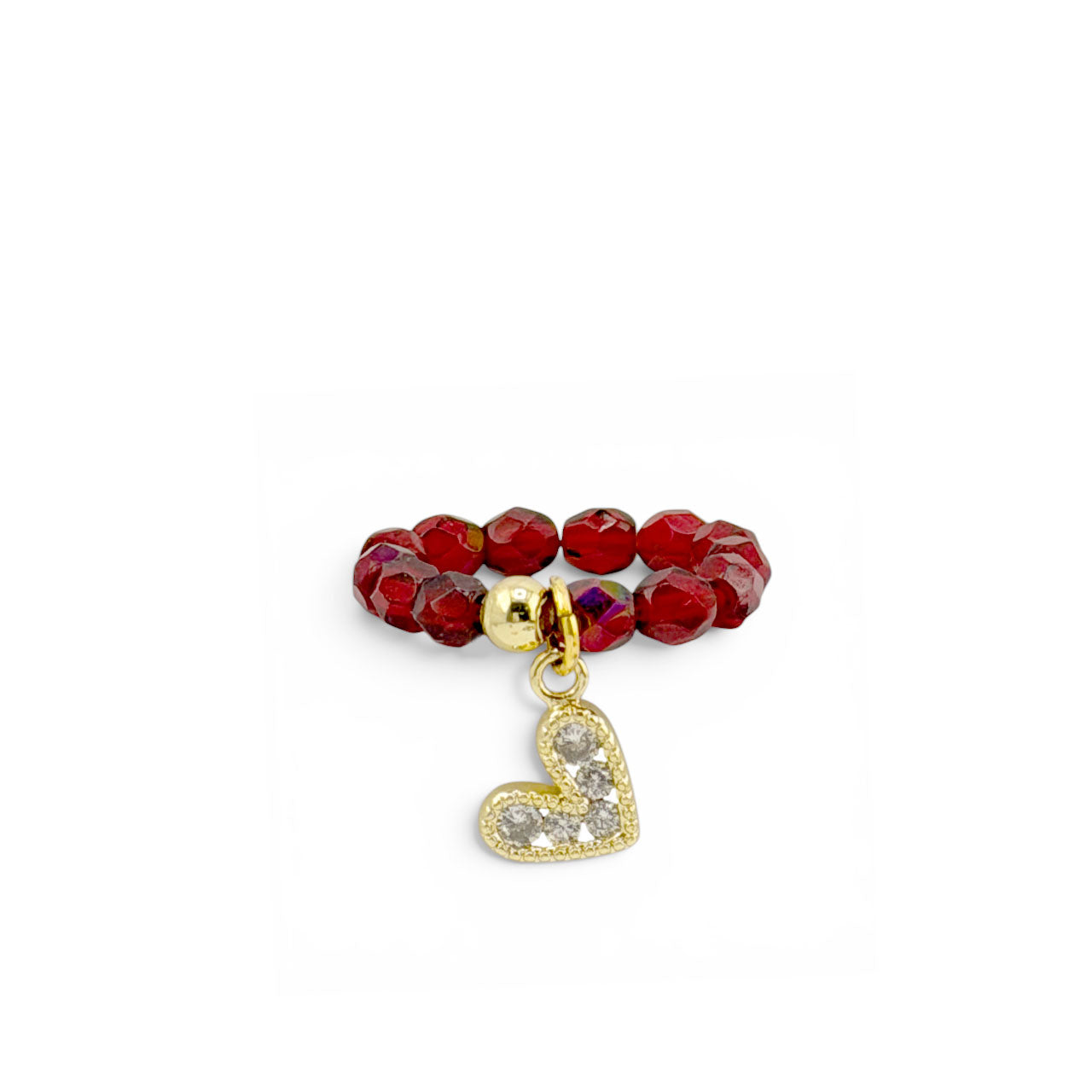 Lexi Slanted Heart Crystal Stretch Ring in red with faceted crystal beads and pavé heart charm