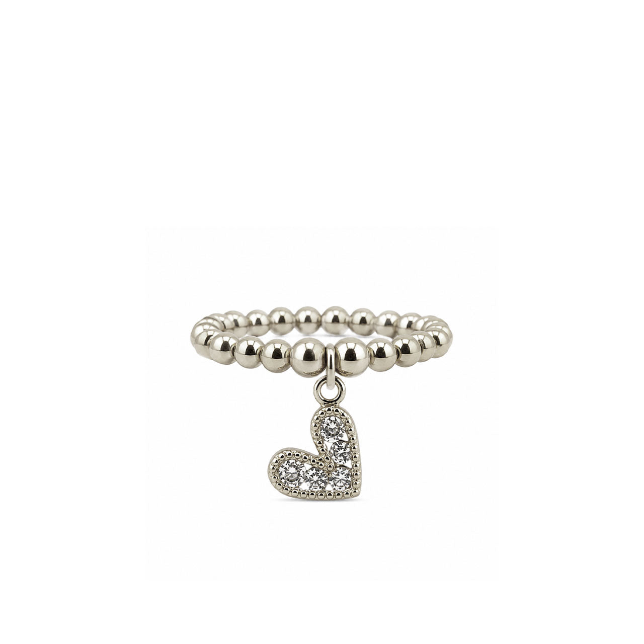 Lexi Slanted Heart Crystal Stretch Ring in silver with faceted crystal beads and pavé heart charm