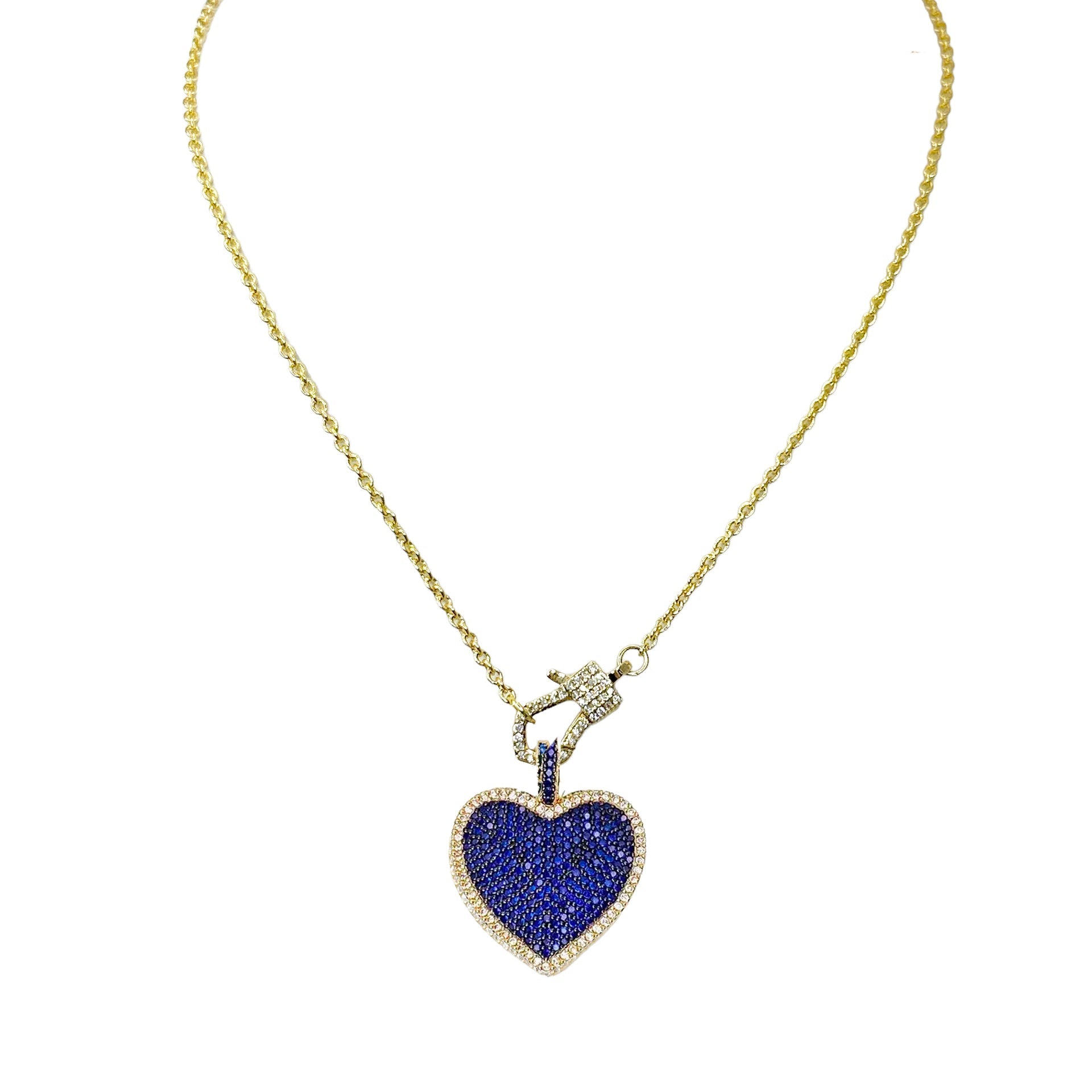 Sparkly blue crystal heart pendant with 3-D silhouette chain