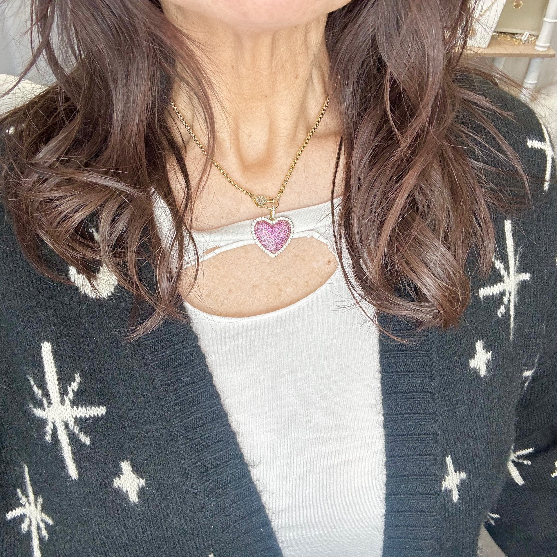 Pink heart pendant with glitter detail on chunky chain